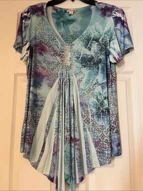 World Unity Blue & Purple V-Neck Pleated Tunic with Rhinestone Detail